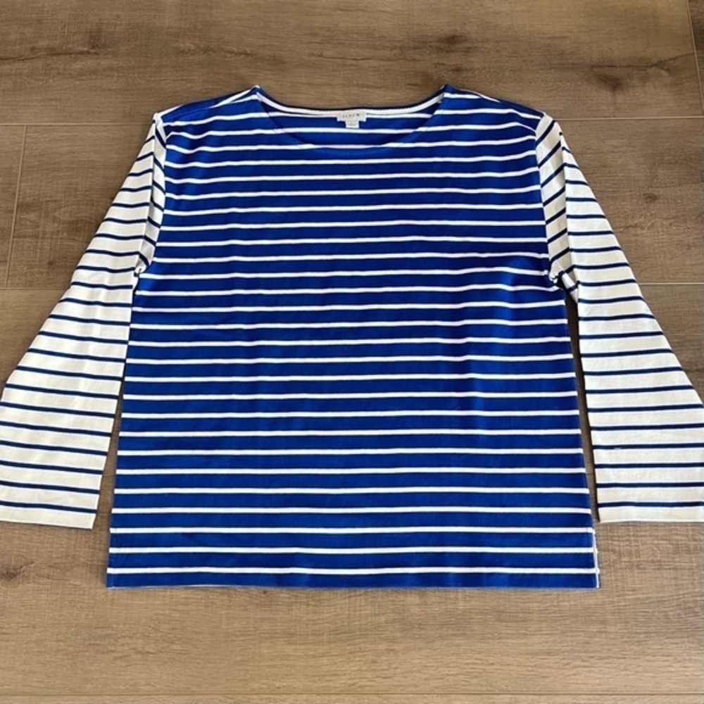 J Crew Factory Mixed Stripe Long Sleeve Tee Women L Blue White Nautical Top‎